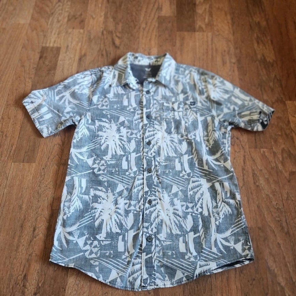 Shaun White Boys Large 12-14 Gray White Tropical Palm Tree Button Down Shirt 523